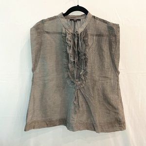 SEVENTY VENEZIA Size L / 42 Italian Cotton/Silk Semi Sheer Gray Ruffle Neck Top